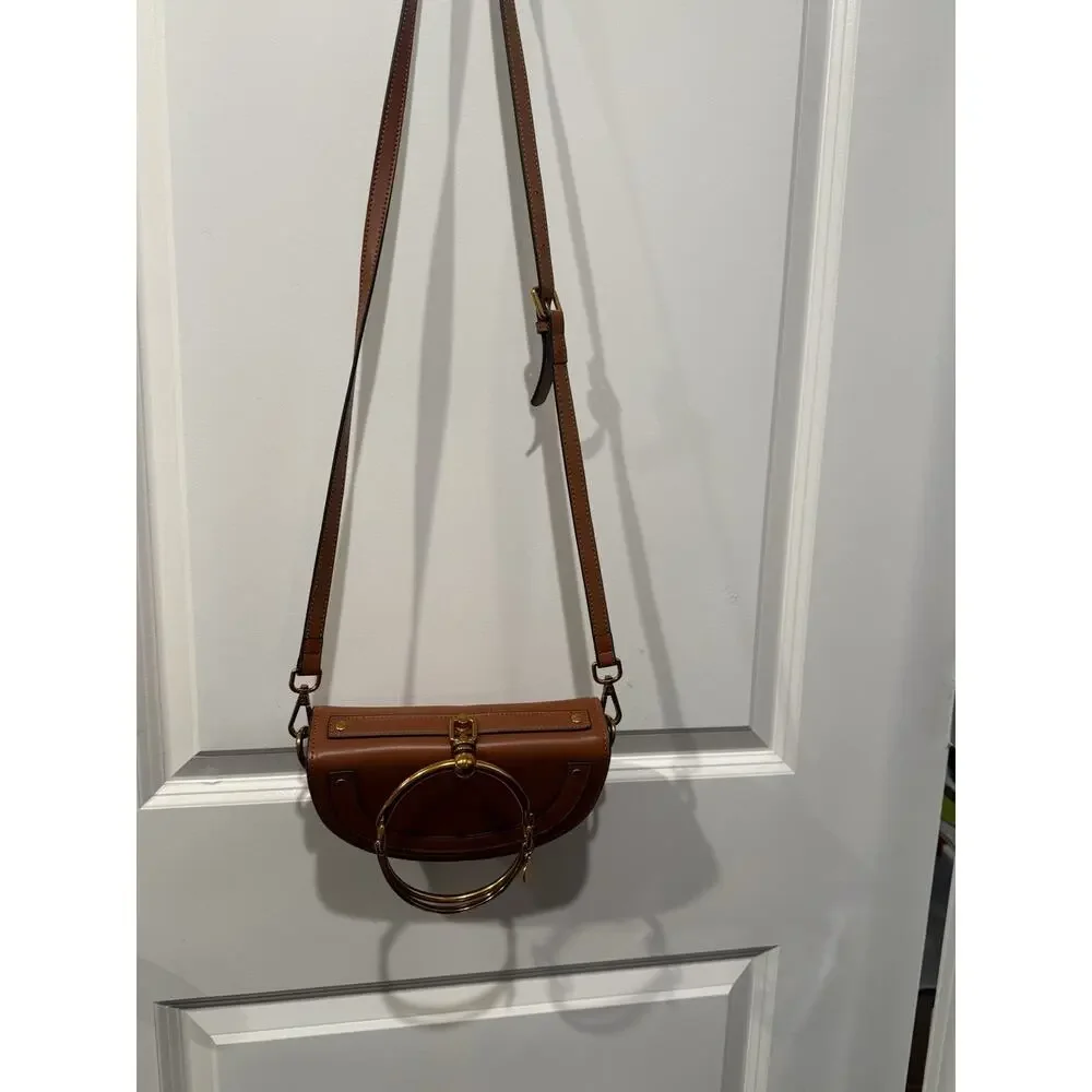 Brown Faux Leather Half Moon Crossbody Bag Gold Ring Handle Purse - Picture 2 of 8